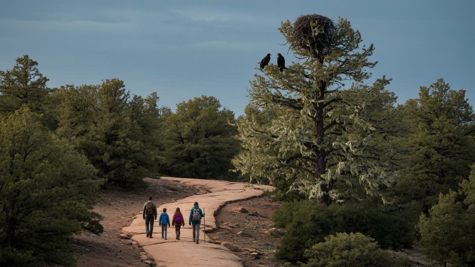 Family taking a broad trail detour around wildlife