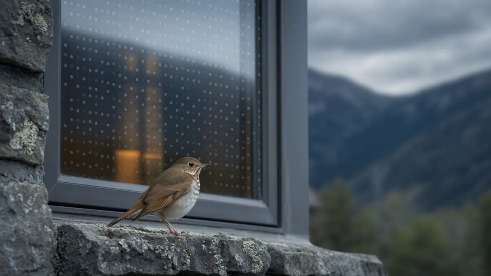 Small bird viewed safely near a patterned window